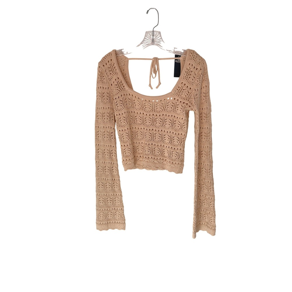 Hollister Knit Top Beige Square Neck Crochet Boho Granola Bell Sleeve Small